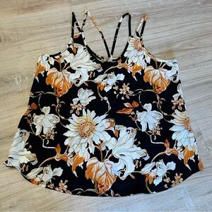 Elegant Floral Women's Tank Top - Black and Orange